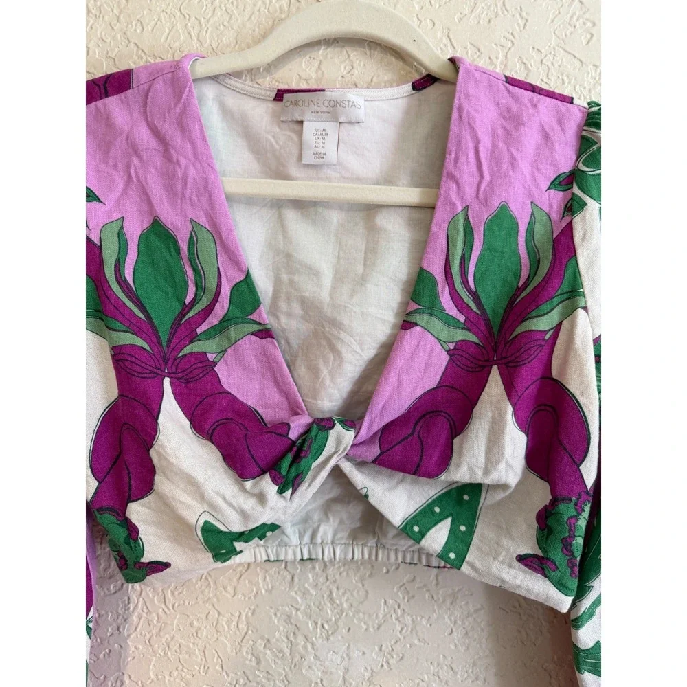 Caroline Constas Tropical Crop Top M Purple Green Floral Linen Blend Deep V-Neck